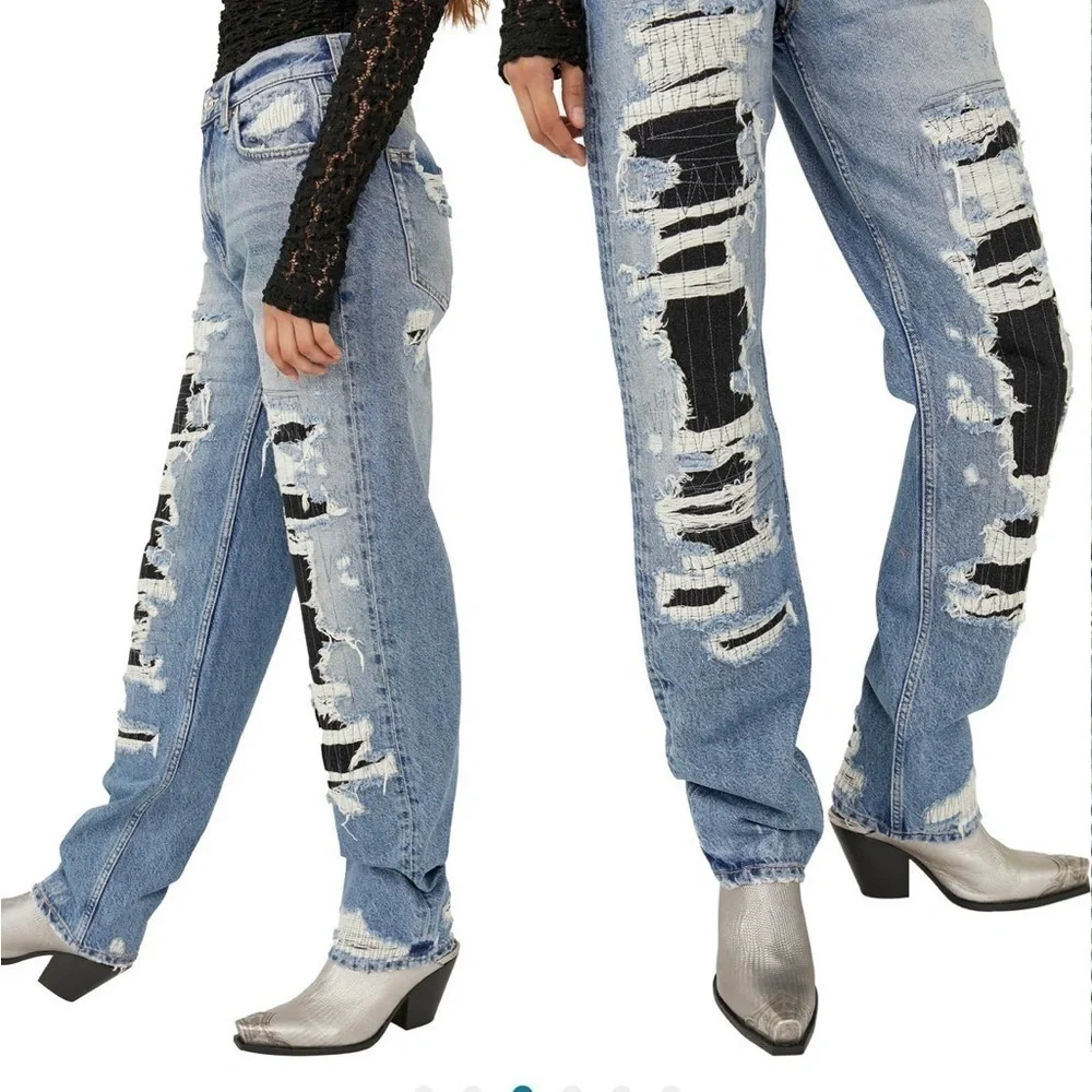 Free People McCoy Destroyed Patch Straight Leg Jeans 26 Tattered Blue $148